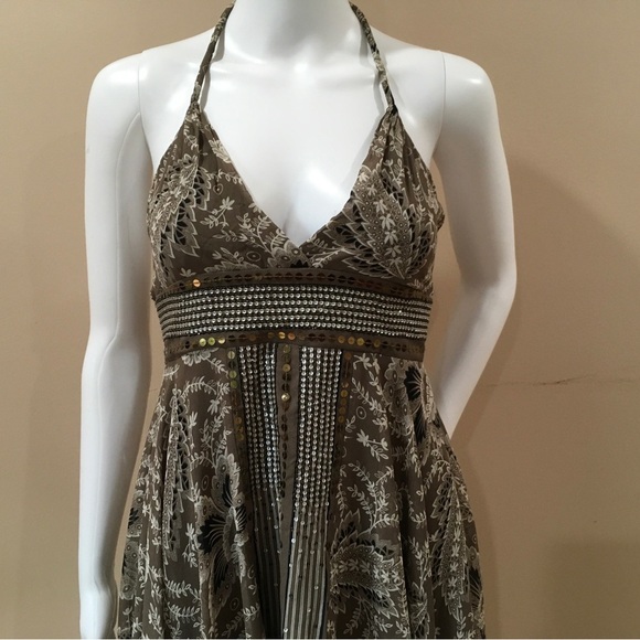 Vintage 90's Y2K Bcbgmaxazria Floral Asymmetrical Dress Silk Halter Sequin Sz 2 - Picture 4 of 6